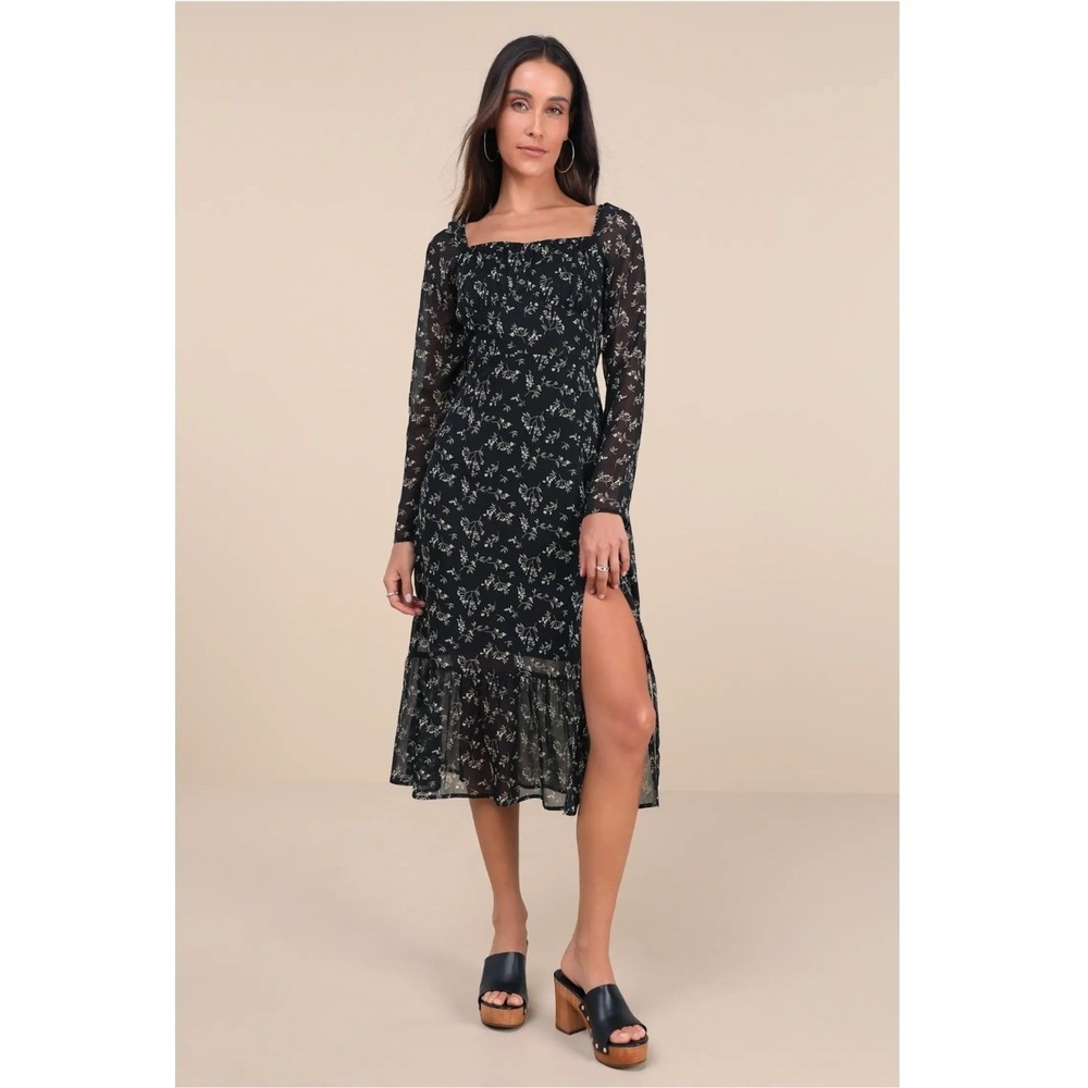 Lulus Perfectly Elevated Black Floral Long‎ Sleeve Midi Dress Medium